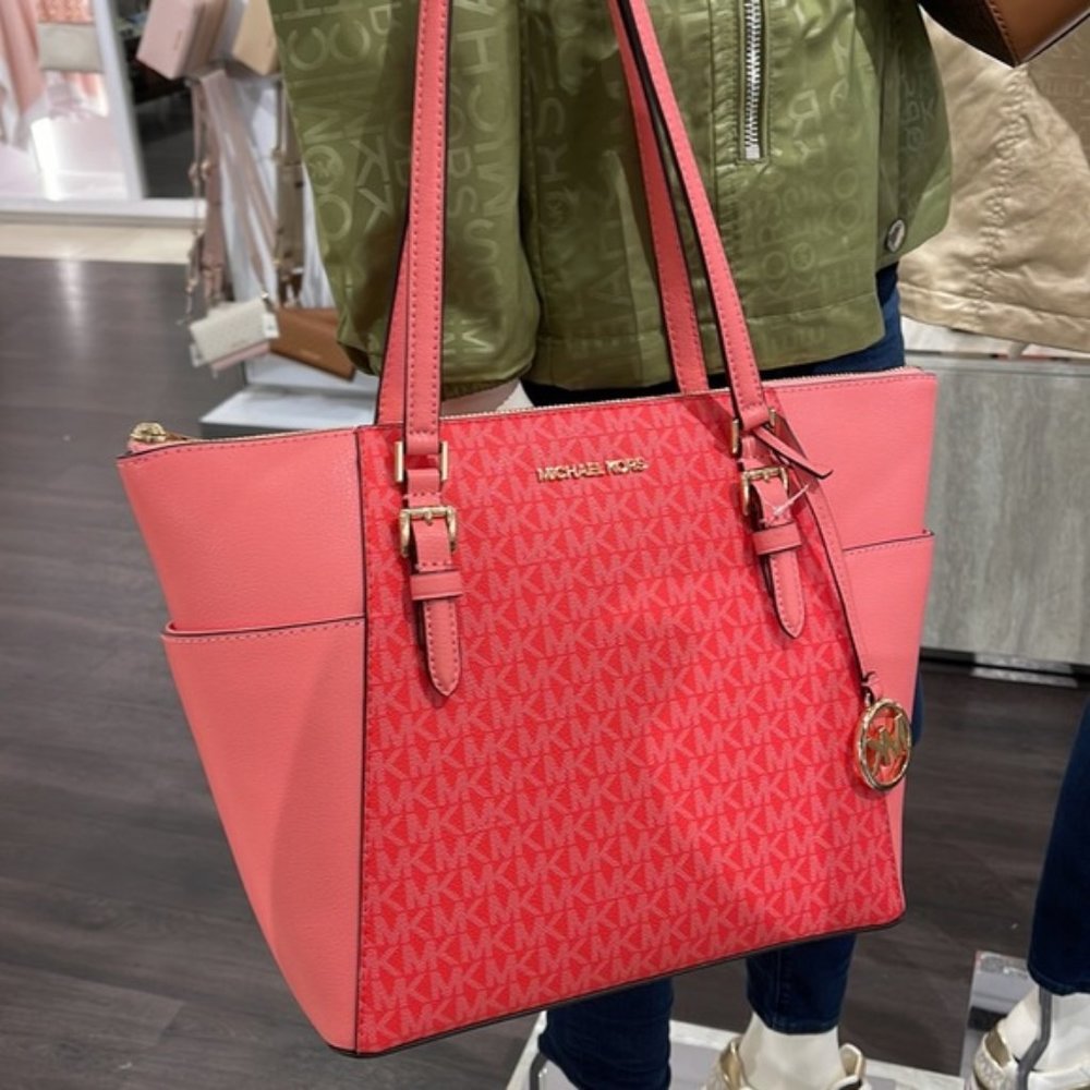 Michael Kors Charlotte Large Logo and Leather Top-Zip Tote Bag Coral Reef Multi - Picture 5 of 16